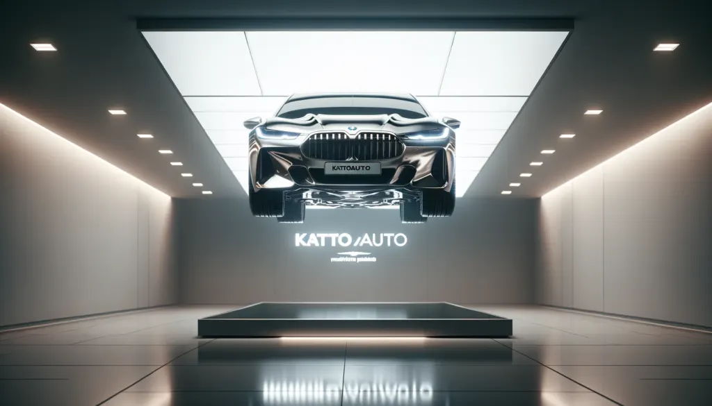 Musta BMW kiinnitettynä Kattoauto.fi:n näyttelytilan kattoon, alla tyhjä valaistu koroke