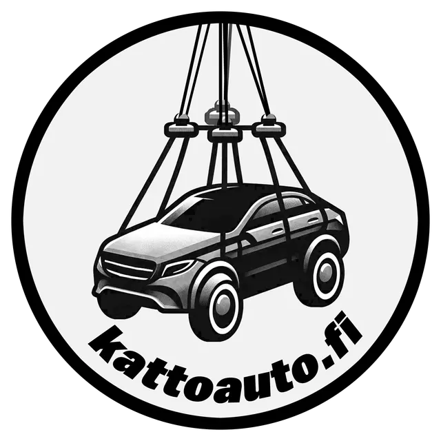 Pyöreä kattoauto.fi-haalarimerkki: neljästä vaijerista roikkuva auto