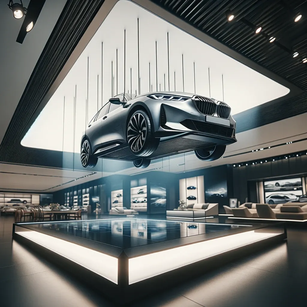 Hopeinen BMW roikkuu ohuista vaijereista näyttelytilan katossa