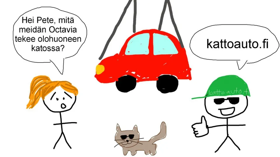Tikku-ukkosarjakuva: ”Hei Pete, mitä meidän Octavia tekee olohuoneen katossa?” – kattoauto.fi