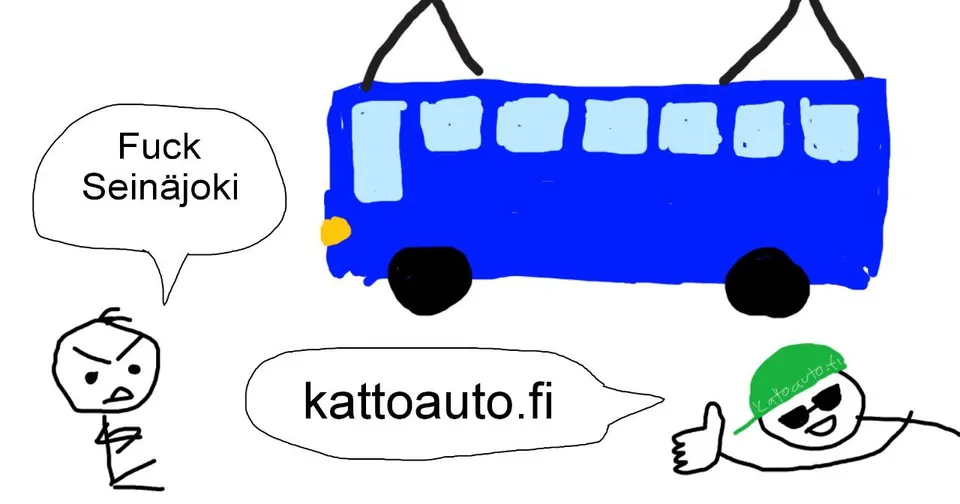 Tikku-ukkosarjakuva: kattoon kiinnitetty sininen bussi ja ”Fuck Seinäjoki” – kattoauto.fi