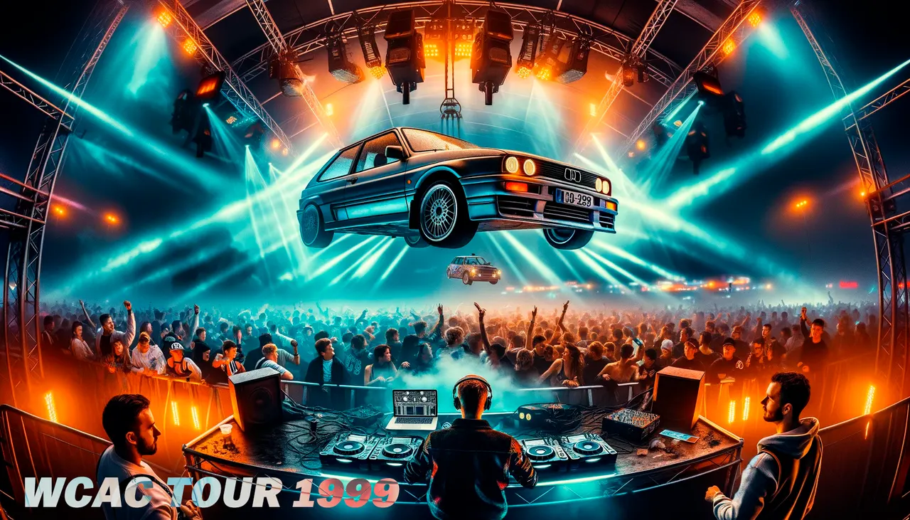 WCAC Tour 1999: BMW roikkuu konserttilavan yllä, DJ ja yleisö valoshow’ssa